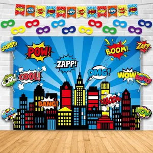 Super Theme Hero Party Cityscape Photography Backdrop Set with Prop, Flag & Mask. Cartoon  Comics Style Building Scenes Photo Booth Background for Super Birthday Classroom  Wall Decor