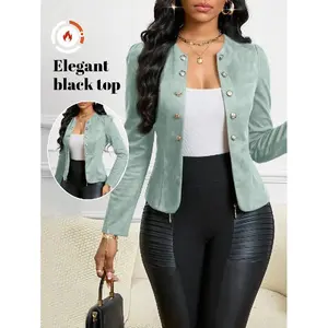 Four Season/ Church Attire/ Suede Black Button Detail Open Front Jacket In Fall/Winter