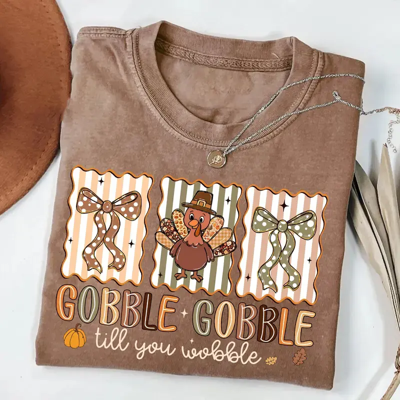 Unisex Casual Soft Acid Wash Cotton T-Shirt, Cute Turkey Bow Print Top, "Gobble Gobble Till You Wobble" Thanksgiving Fall Sports Outerwear for Men Women