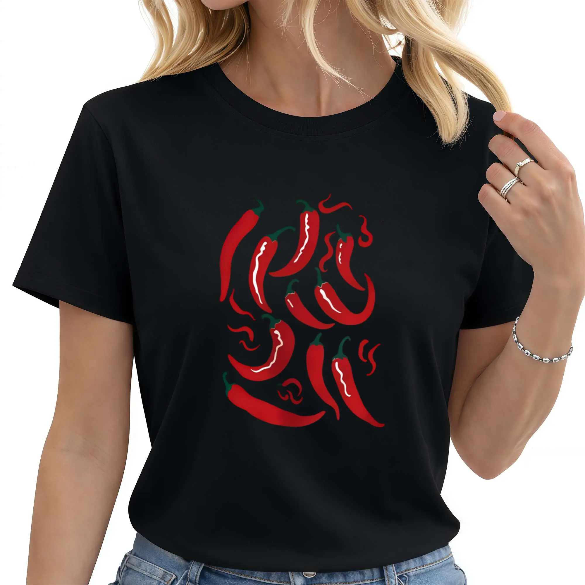 Women's Summer Apparel, Red Chili Pepper Pattern Print Round Neck Short Sleeve T-Shirt, Comfortable, Soft, Stylish, Elegant, Vintage, Casual, Versatile for Parties,  Suitable for All Seasons
