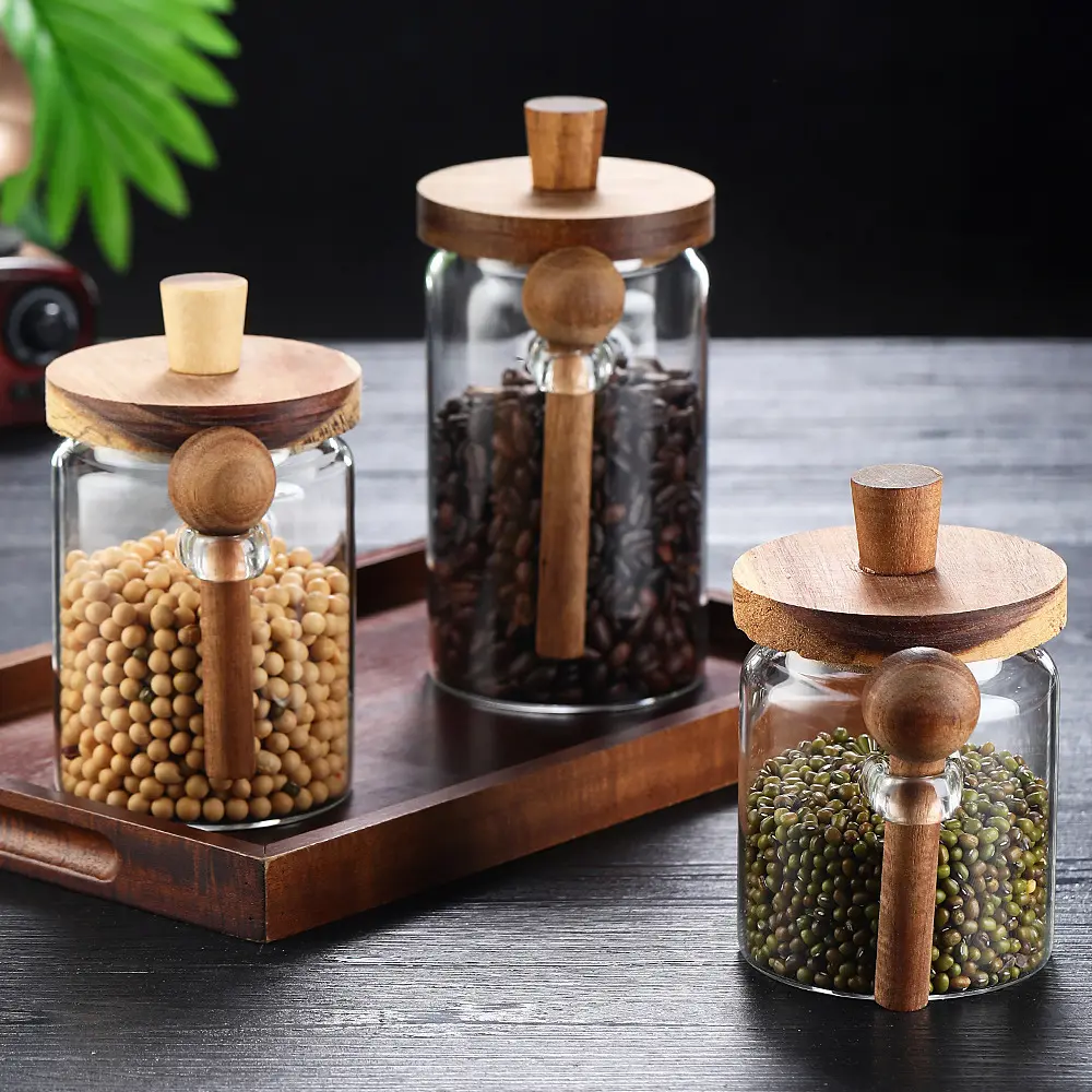 Glass Jars with Wooden Lids and Spoons set of 3,Clear Glass Coffee Containers with Scoop Decorative Kitchen Food Storage Jars,Candy jars,Biscuit jars,Storage jars(15OZ/20OZ/26OZ)