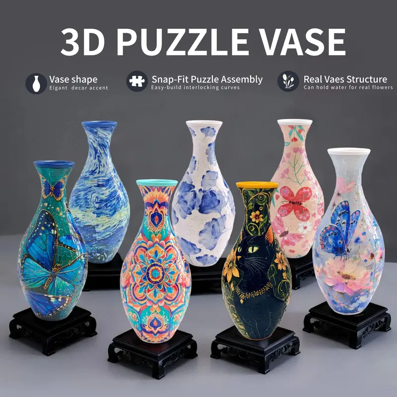 SLOPPYHLA 160-Piece Plastic Round 3D Interlocking Puzzle Vase - Unisex Snap-Fit Manual Craft, Waterproof DIY Unwind Activity, Blue Porcelain Bohemia House Decoration Gift for Adults That Enhances Surroundings