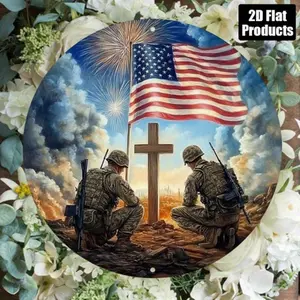 1PC Patriotic Military Tribute Aluminum Wall Art 20.32x20.32cm Round American Flag Cross Design Retro Home Office Decor Army