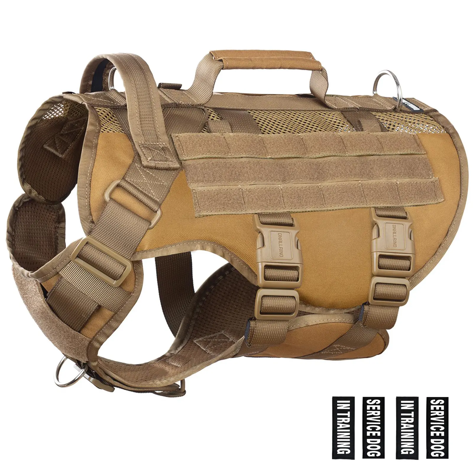 DNALLRINO Durable Tactical Training Dog Harness for Medium-Large Dogs - Breathable Air Mesh Vest, 2 Handles, Large Hook-and-Loop Panels for DIY Patches, No-Pull Buckle, Molle-Compatible Adjustable Straps, Quick-to-Dry Nylon Velvet, Padded Grips