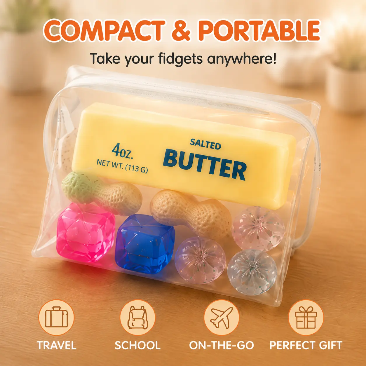4-in-1 Fidget Toy Gift Set | Butter Squishy, Peanut Squishy, Gem Cubes & Sensory Balls with Portable Storage Bag