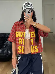 Women's Plaid Button Short Sleeve Shirt, Casual College Street Style, Loose-Fitting Summer Outerwear, Cool Letter Design, Top, Womenswear