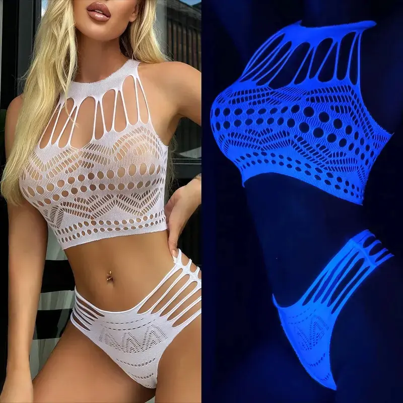 Luminous Fluorescent Two-Piece Fishnet Knit Hollow Mesh Set, Stretch See-Through Bikini Style Bodycon Cover-Up, Eye-Catching Rave Club Outfit Suitable for Nightclub Visits, Outdoor Music Festivals and Vibrant Beach Party Occasions