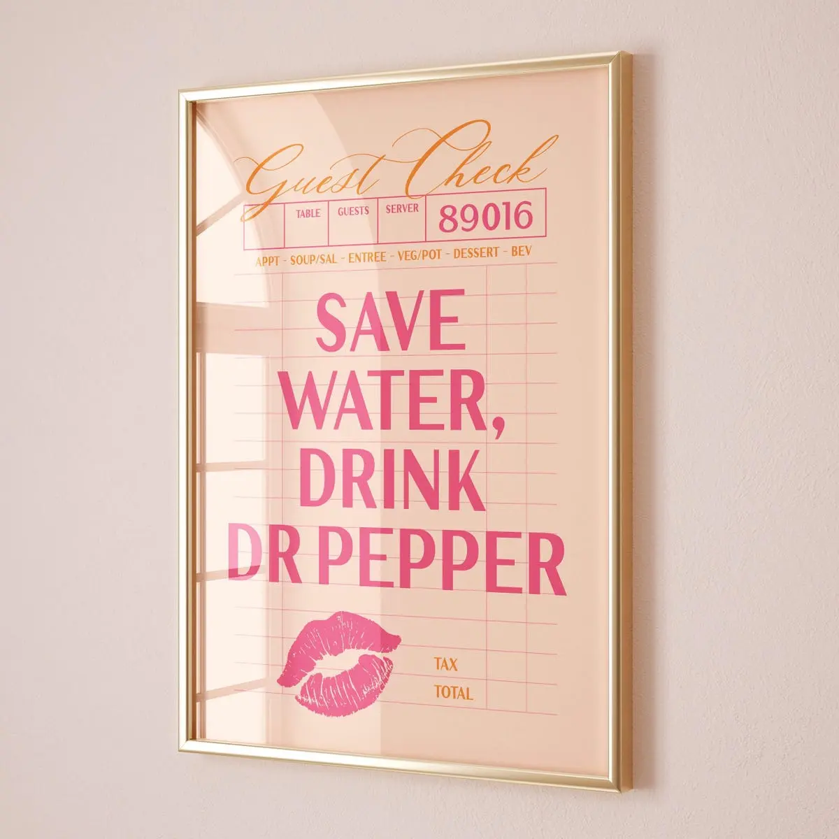 Guest Check Dr Pepper Wall Art Print, Girly Aesthetic Kitchen Poster, Pink and Orange Trendy College Apartment Decor, Room Decor, Unframed