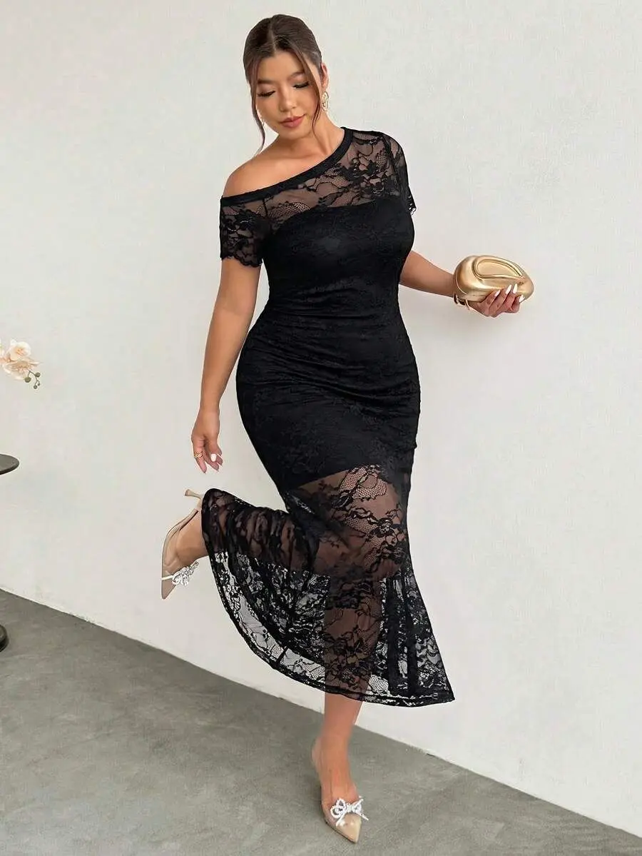 JOYCE Plus Size Elegant Floral Print Mesh Patchwork Asymmetrical Shoulder Dress, Summer Occasion Dresses For Women Buy Wedding Guest Best Selling Mother'Day