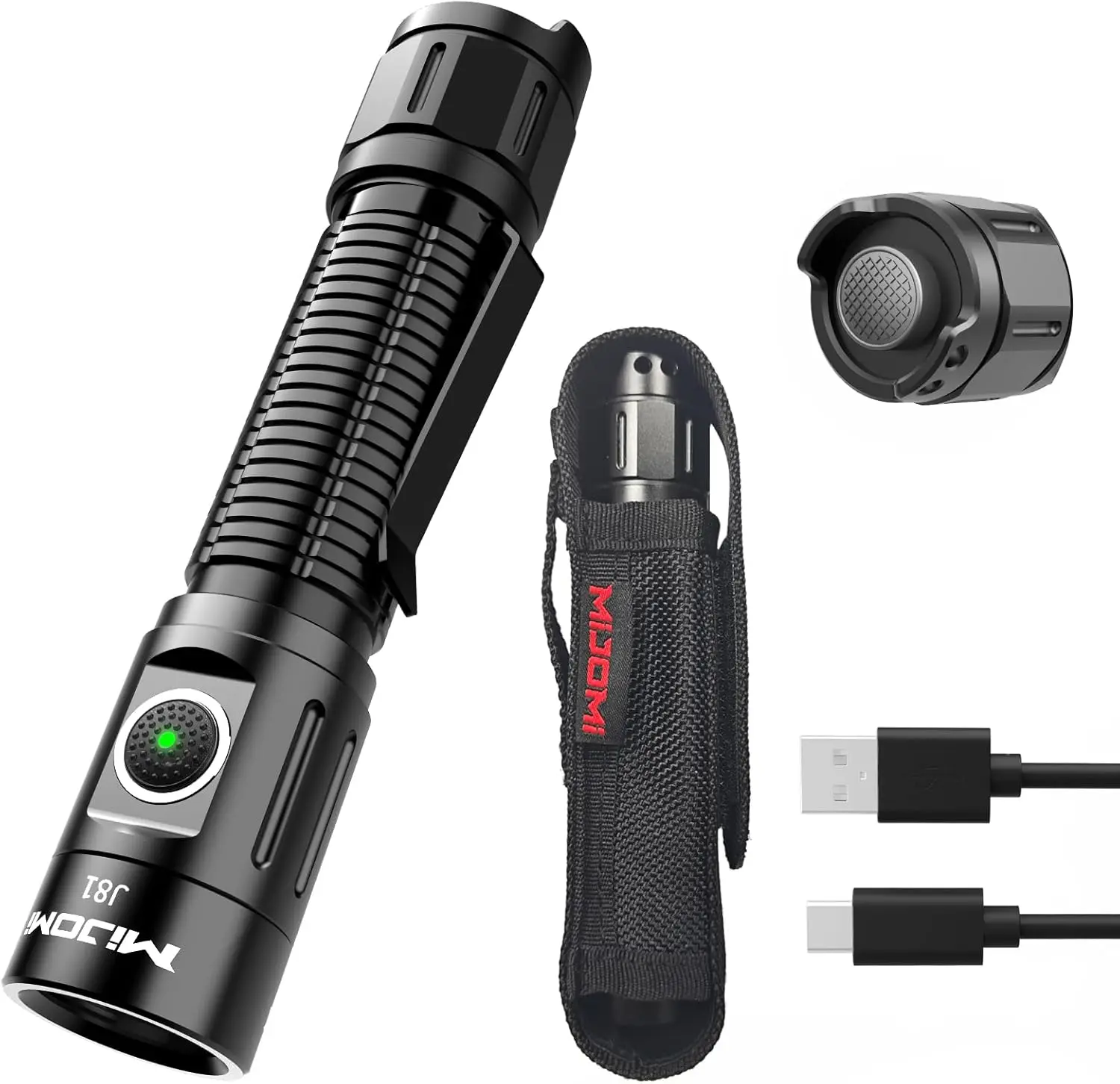 J81 Tactical Rechargeable Handheld High Powered Flashlight with Holster, 1300 Lumen Dual-Switches Compact IP68 Waterproof Torch for Adults, Garage EDC, Tactical Games, Outdoor Use w/WiFi & Display
