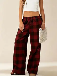 Buffalo Plaid Wide Leg Pants, High Waist Loose Trousers, Elastic Waist Casual Bottoms, Ideal for Streetwear, Daily Outfits & Lounging, Comfortable Relaxed Fit Plaid Pants, Trendy Women's Casual Wear