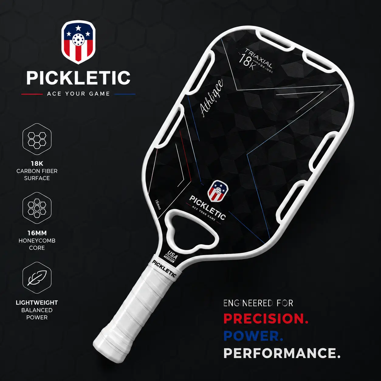 PICKLEBALL PADDLE KIT  Pickletic 18K Carbon Fiber Pickleball Paddle – Premium Edgeless Thermoformed Paddle | 16mm Honeycomb Core | Includes Protective Cover & Accessories