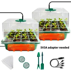 Seed Starter Kit with Integrated Heating, 24-Cell Plant Starter Trays with Grow Light & 2 Humidity Domes, Mini Greenhouse Germination Kit, Heating Mat