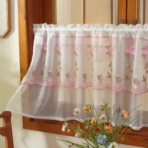1panel Rustic Lace Transparent Curtain, Elegant Embroidered Flowers, Rod Pocket Hanging, Ideal for Garden, Dining Room, Kitchen, Balcony, Closet