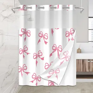 Cute  Bow No Hook Shower Curtain Set with Snap in Fabric Liner for Bathroom,with See Through Top Window,Double Shower Curtain with Detachable Liner Replacement,Machine Washable,71"x 74"