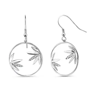 925 Sterling Silver Bamboo Leaf Dangle Earrings for Women, Nature-Inspired Circle Drop Earrings with AAA Cubic Zirconia, Hypoallergenic Lightweight Fishhook Earrings, Zen Jewelry Gift