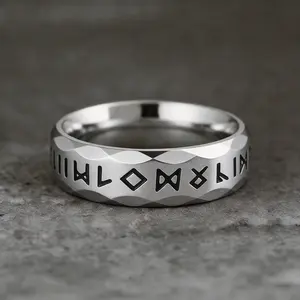 SUNFLOWERZHU  Men'S Stainless-Steel Rings Punk Viking Rune Men Rings Bevel Vintage Rings Silver Ring Jewelry For Man