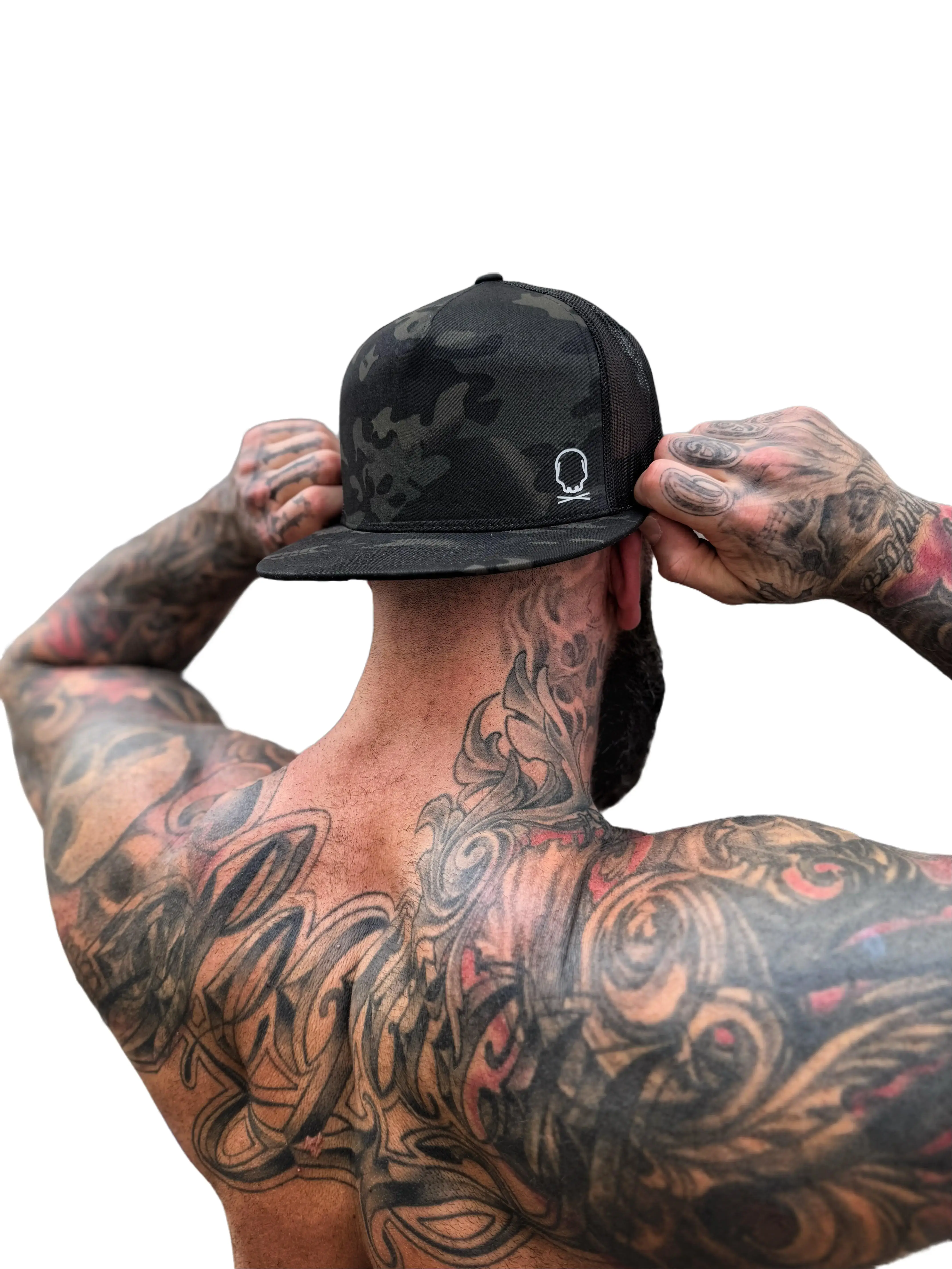 TheDriveClothing TDC SYMBOL Black Camo Flat Bill Hat – Unisex Streetwear Snapback, Green Camouflage Baseball Cap, Adjustable Mesh Trucker Hat, Graphic Urban Fashion, TikTok Outfit Accessory