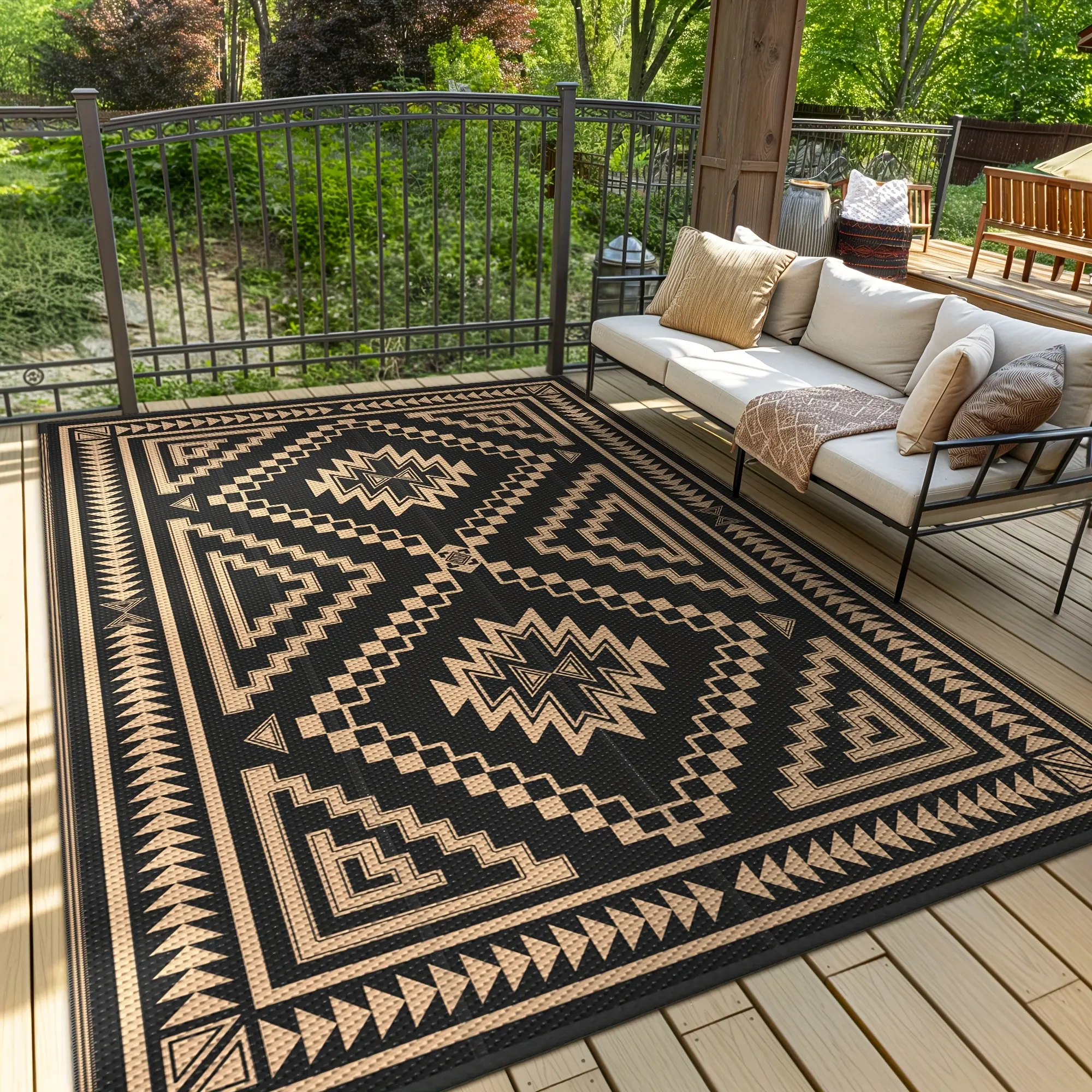Outdoor Crochet Weave Rectangle Decorative Durable Area Rug, Lightweight Black-Brown Anti-Skid Modern Geometric Graphic Home Decor Rug for Patio, RV Camping, Decorative Rugs