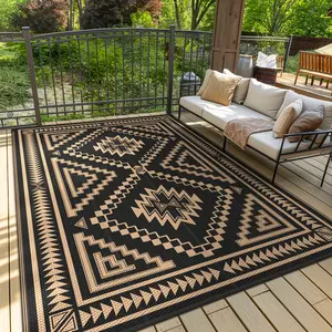 Outdoor Crochet Weave Rectangle Decorative Durable Area Rug, Lightweight Black-Brown Anti-Skid Modern Geometric Graphic Home Decor Rug for Patio, RV Camping, Decorative Rugs