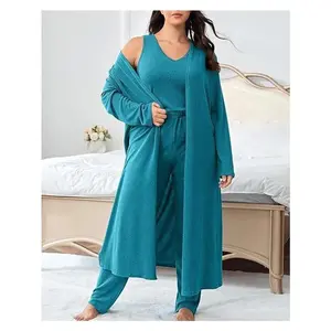 Women’s 3-size casual cardigan vest and long pants loungewear/sleepwear set for autumn and winter, featuring a long-sleeved design; basic long-sleeve sleepwear and basic home wear; women’s long pants; available in green; minimalist style; GARMENTARY