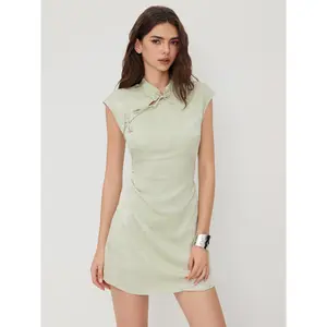 Cider Satin Mandarin Collar Floral Tie Front Ruched Mini Dress