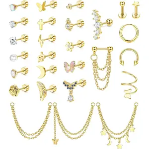 YADOCA 27Pcs Flat Back Earrings Hypoallergenic Surgical Steel Stud Earring Stacks Set Dainty Chain Dangle Cartilage Tragus Daith Helix Piercing Jewelry for Women Men Trendy 16G