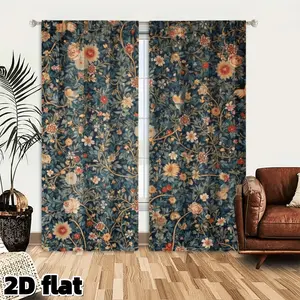 2D Flat 2Pcs Vintage Floral Tapestry Curtains, Medieval Botanical Garden Pattern, Navy Blue Background with Birds and Flowers, Gold Border, Thermal Insulated Blackout Drapes for Living Room Bedroom Home Decor, Window Treatment, Home Decoration Curtain
