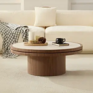 35.43 in Sintered Stone Coffee Table, Sturdy MDF Pedestal with Walnut Finish, Easy Assembly for Living Room, Home Decor