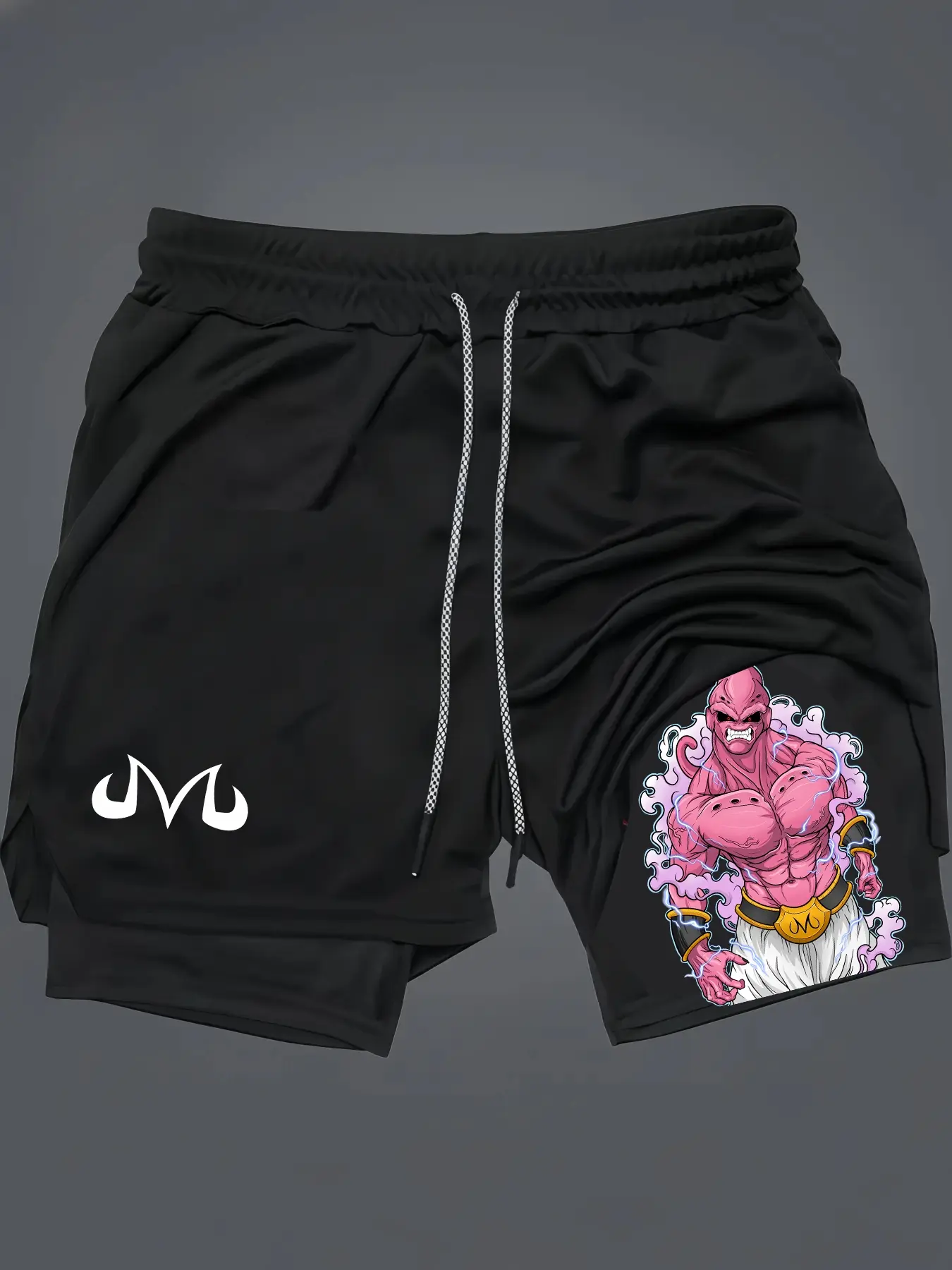 Dragon Ball Majin Buu Print 2-In-1 Drawstring Waist Shorts, Quick-Dry Swim Trunks, Loose Fit with Pockets, Ideal for Summer & Workout, Streetwear Sports Shorts