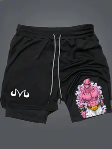 Dragon Ball Majin Buu Print 2-In-1 Drawstring Waist Shorts, Quick-Dry Swim Trunks, Loose Fit with Pockets, Ideal for Summer & Workout, Streetwear Sports Shorts