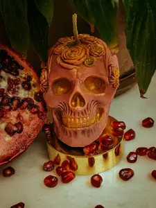 Persephone SKULL - 100% All Soy Wax Candle with Pomegranate Vanilla Clove & Patchouli Scent to activate Personal sovereignty & Grounded Abundance