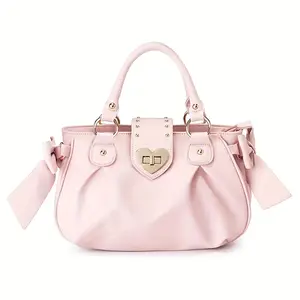 Women's Large Capacity Pink Handbag - Heart-shaped Buckle and Bow Decoration, Machine Washable Zipper Closure, Multifunctional Crossbody/Handheld Dual-use, Gold Hardware Accessories, Polyester Lining, Sturdy Handle, Suitable for Casual and Formal Occasion