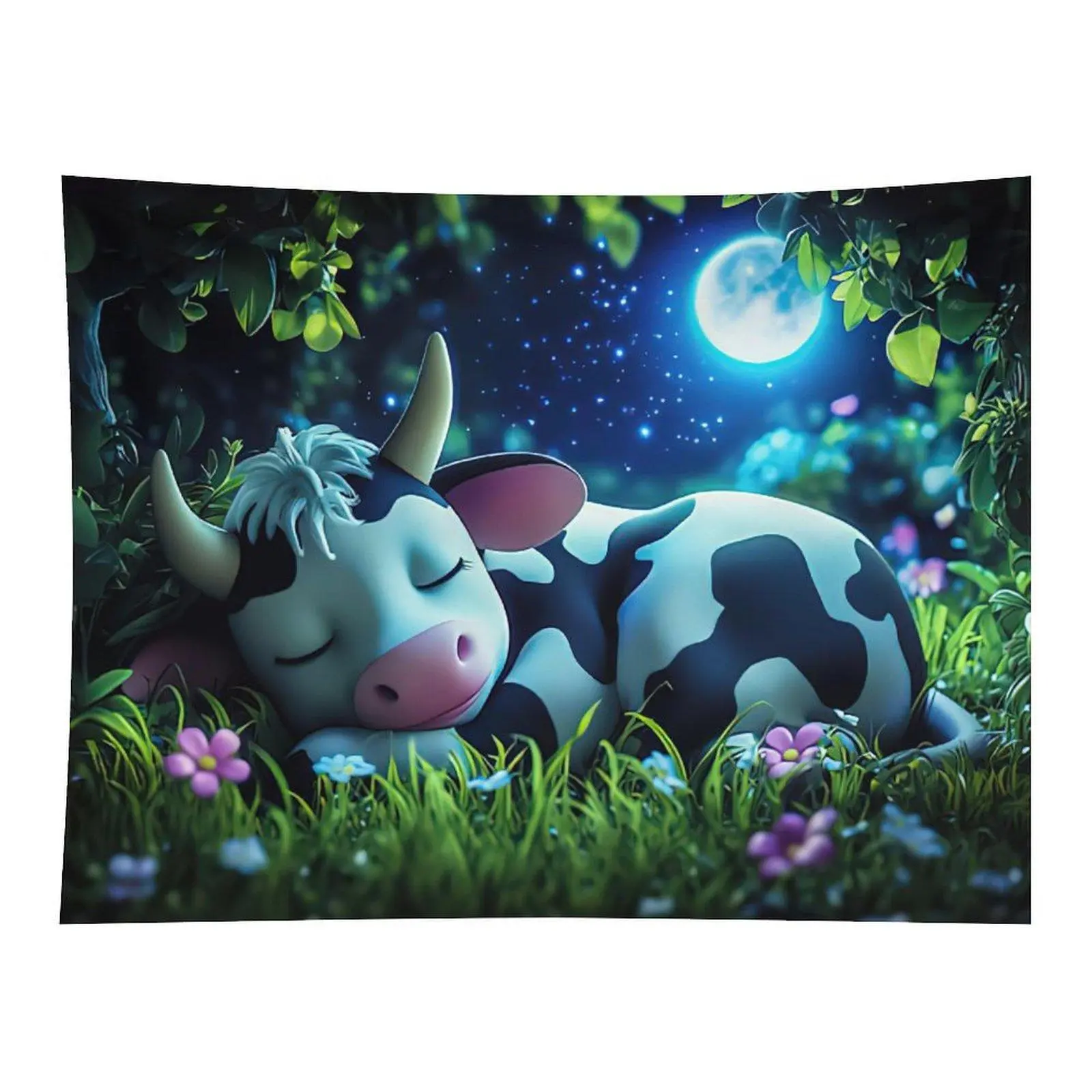 Sleeping Cow Moonlit Meadow Tapestry Cute Farmhouse Wall Decor