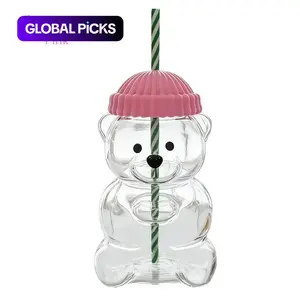 Vintage Cute Bear Glass Cup, Holiday Series Coffee Cold Drink Cup with Striped Straw, New Adorable Coffee Cup, Teddy Bear Cup with Hat Lid, Drinkware