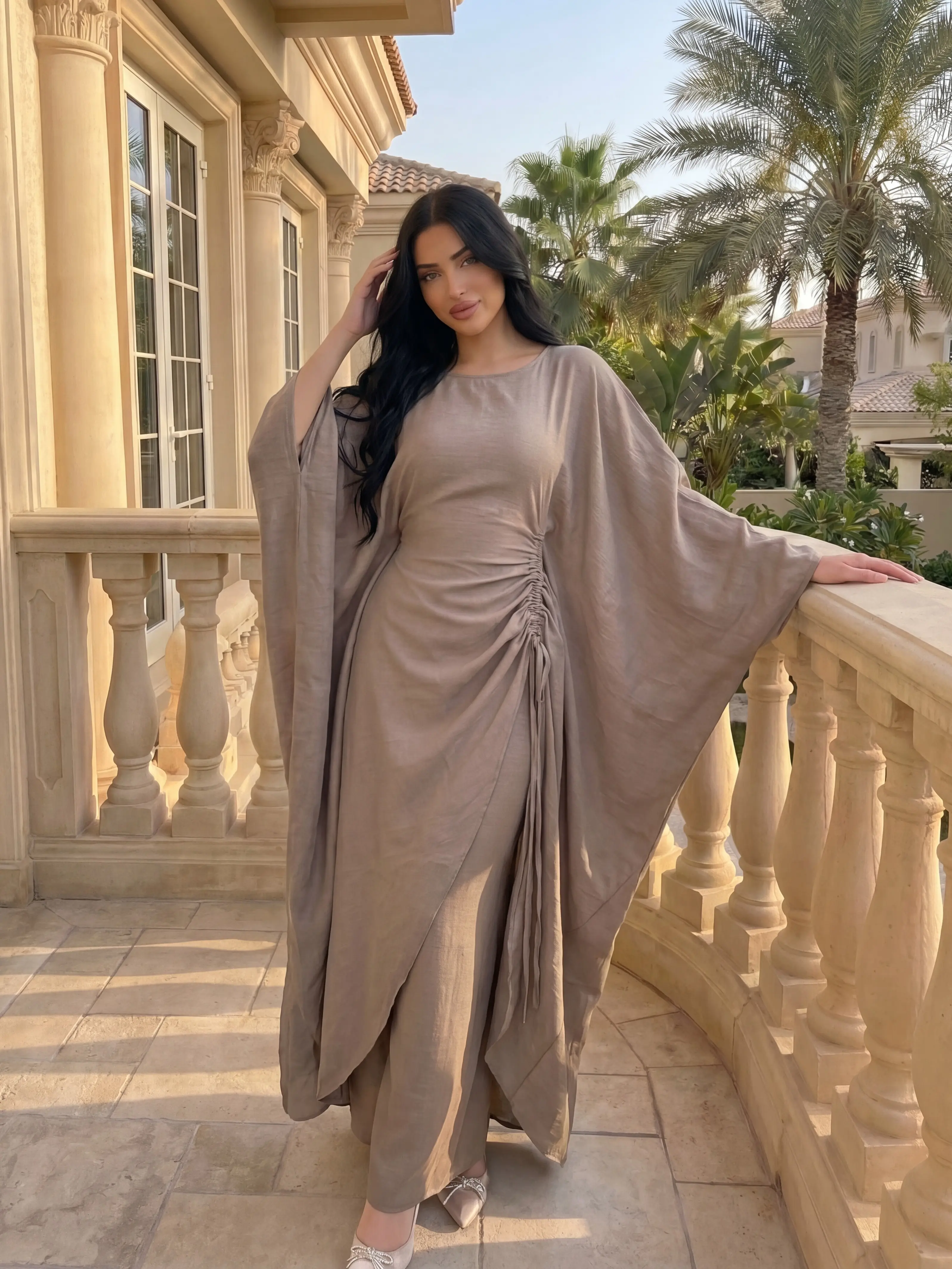 #CL96 Women’s Elegant Kaftan Pants Dress Set Luxury Loose Fit Batwing Sleeve Long Top and Wide Leg Pants Modest Fashion Outfit, Built-in adjustable waist belt design Womenswear Clothes Suits Elegance