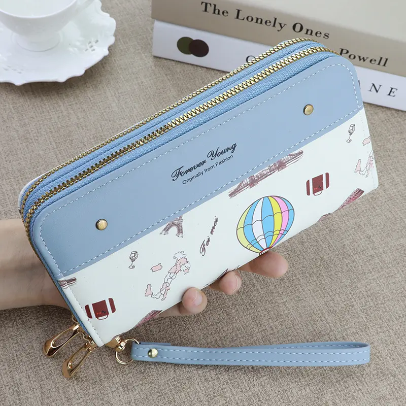 W16-Women Cute Hot Air Balloon Print Long Wallet Double Zipper Large Capacity Wristlet Clutch Purse Multi Card Slots Ladies Travel Money Bag