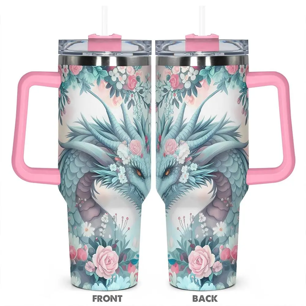 Floral & Dragon Pattern Tumbler, 40oz Stainless Steel Cup, Insulated and Durable Cup, Perfect for Fantasy Lovers and Anyone Who Loves Unique Artwork, Drinkware