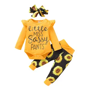 Infant Newborn Baby Girl Clothes Outfits Ruffled Long Sleeve Romper Pants Set Headband Toddler Clothing 3Pcs