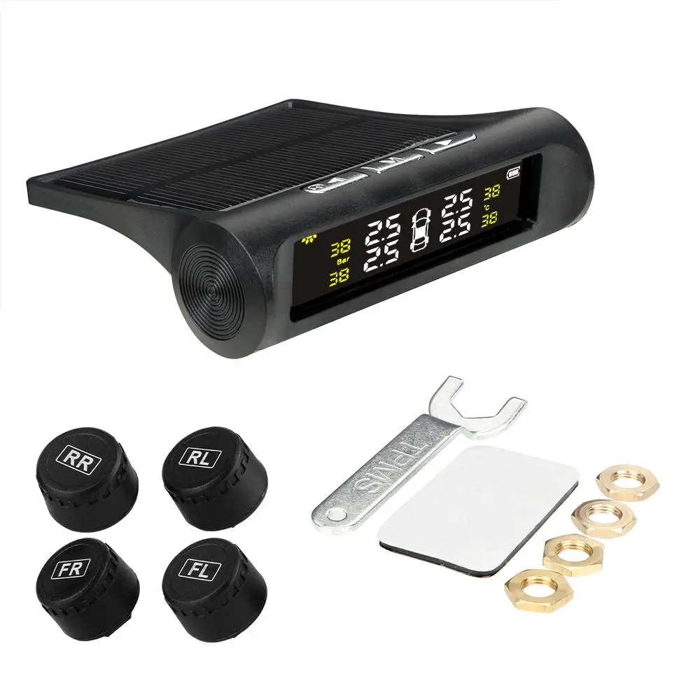 Car Tire Pressure Monitoring System, Digital LCD Display Auto Security Alarm Systems, Solar Powered Tire Pressure Gauge for Car, Vehicle, Truck, Motorcycle, Tire Gauge