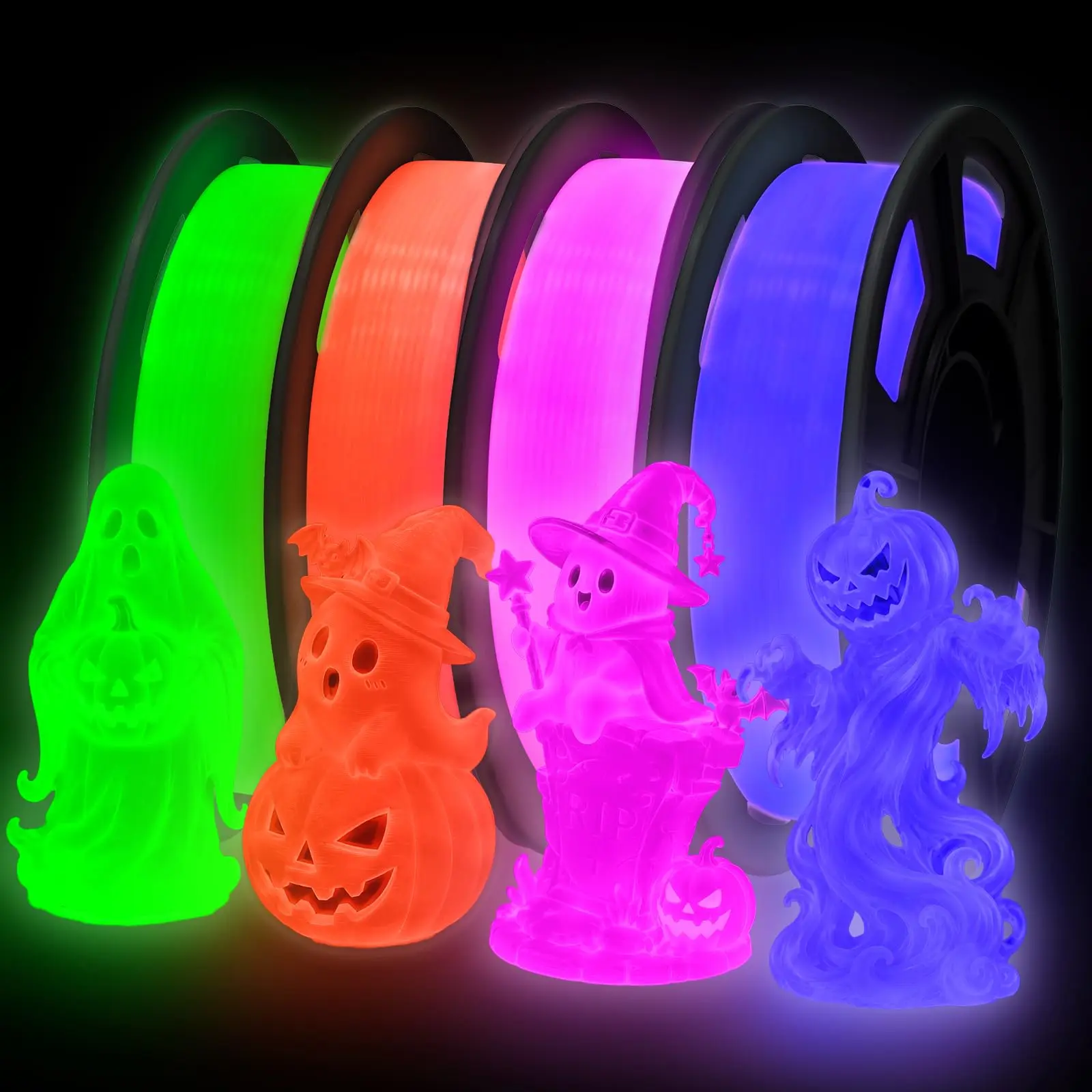 Glow in The Dark PLA+ 3D Printer Filament, 1.75mm Luminous PLA+ Filament, Bright Glow Effect, Multicolor Glow 3D Filament for 3D Printer, 4 Spools 250g Each - Green,Orange,Pink,Blue Purple