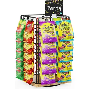 Chip Rack Display Stand 5-Tiers Rotating Chip Holder with 40 Clips 360°spinning Wooden Base snack rack candy display for party Concession Stand Countertop Retail Display Rack