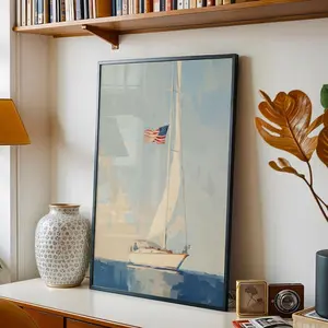 [sale off up to 40%] [Frame Canvas] American Flag Sailboat, Impressionist Oil Painting, Frame Canvas