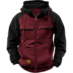 Men's Warm Fleece Zip up Hoodie Patchwork Casual Jacket with Multi Pockets Outdoor Autumn Winter Tactic Sweatshirt