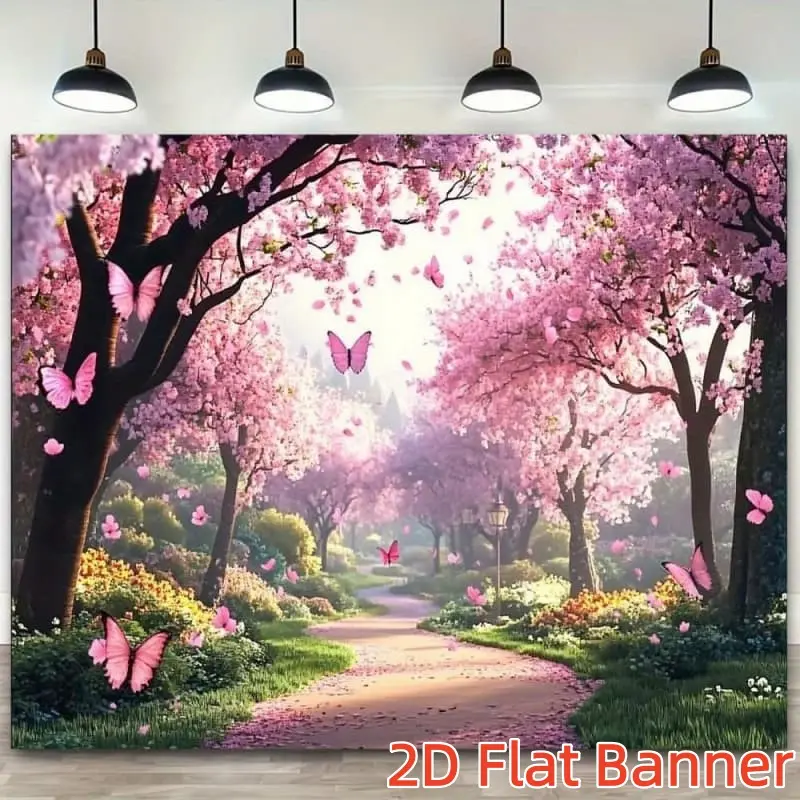 1PC Reusable 2D Flat Backdrop Banner - Romantic Cherry Blossom Forest Butterfly Polyester Decor, Spring Garden Path Themed Happy Birthday Ceremony 1-Piece Photo Background