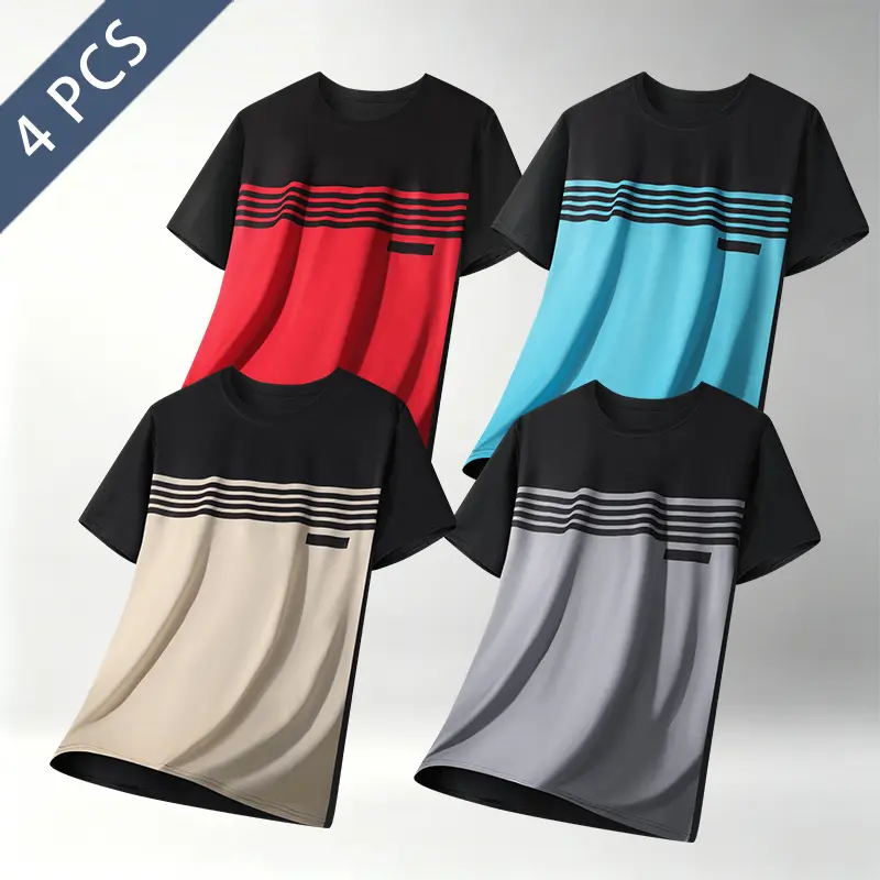Men's 4-Pack Ice Silk Poly Crew Neck Casual Short-Sleeve T-Shirts, Quick-Drying Breathable Activewear Tops with Stripped Look, Casual Fit for Fitness & Everyday Wear, Dad Gift