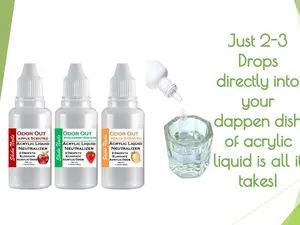 Click image to open expanded view SHEBA NAILS Odor Out Acrylic Liquid Neutralizer - Minimizes Acrylic Liquid Monomer Odor Fruity Scents Trio - 1/2oz (15ml) each Strawberry, Apple and Peach Scents