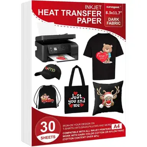 30 Sheets Heat Transfer Paper for Black and Dark Fabric, 8.3 x 11.7" Iron-on Transfer Paper for T Shirt for Any Inkjet Printers, Washable, No Cracking, No Fading