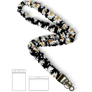 Stretchy Scrunchie Lanyard for ID Badges Keys, Cute Teacher Lanyard for Women with 2 Card Holders 19.6 Inch