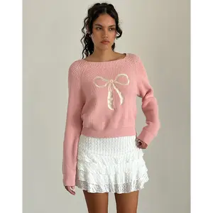 Tami Jumper in Knit Pink with White Bow Embroidery